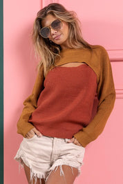 BiBi Color Block Sweater Knit Top With Cut Out Neck | Sweaters Daverri Fashions