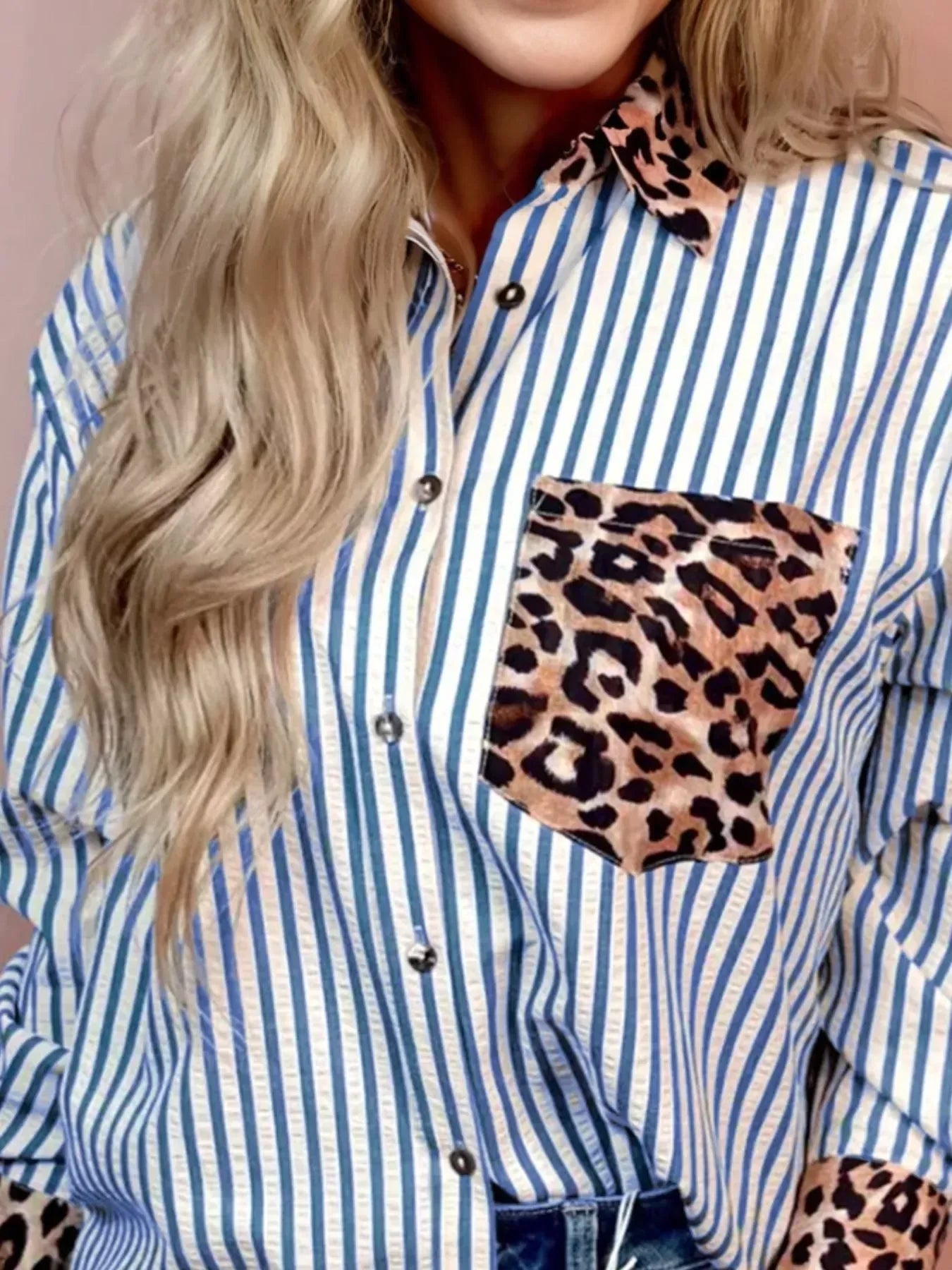 Striped Leopard Print Patchwork Button Up Shirt - DAVERRI FASHIONS