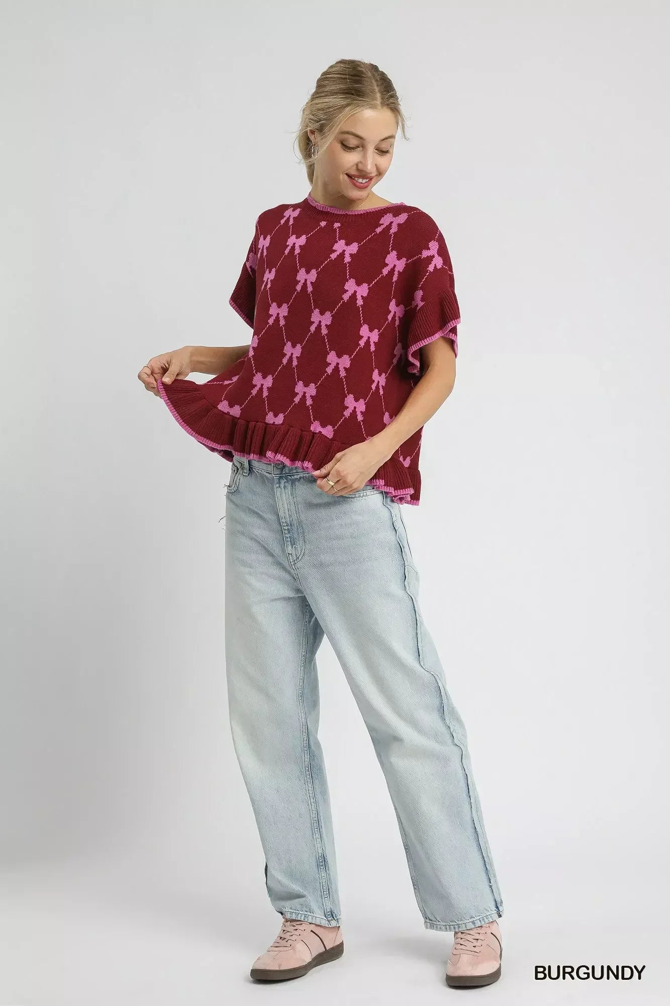 Umgee Bow Knit Ruffle Sleeve Sweater - DAVERRI FASHIONS