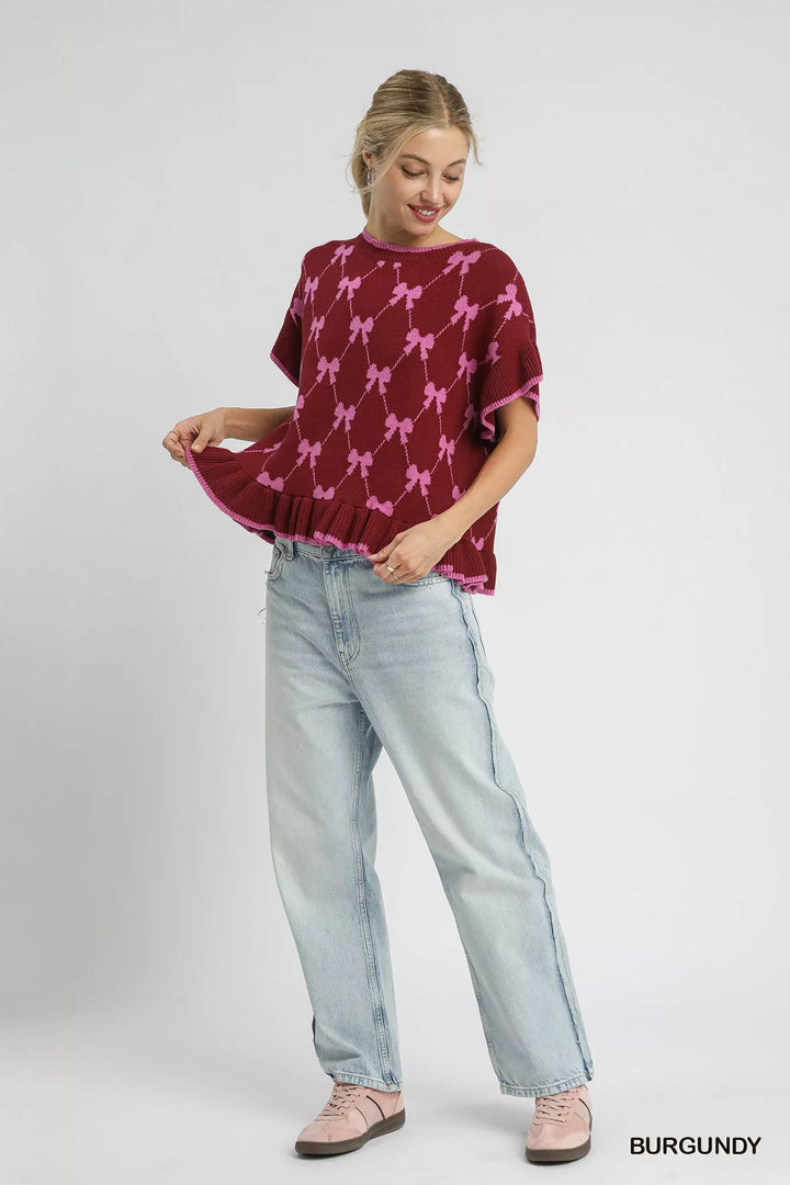 Umgee Bow Knit Ruffle Sleeve Sweater | Sweaters Daverri Fashions