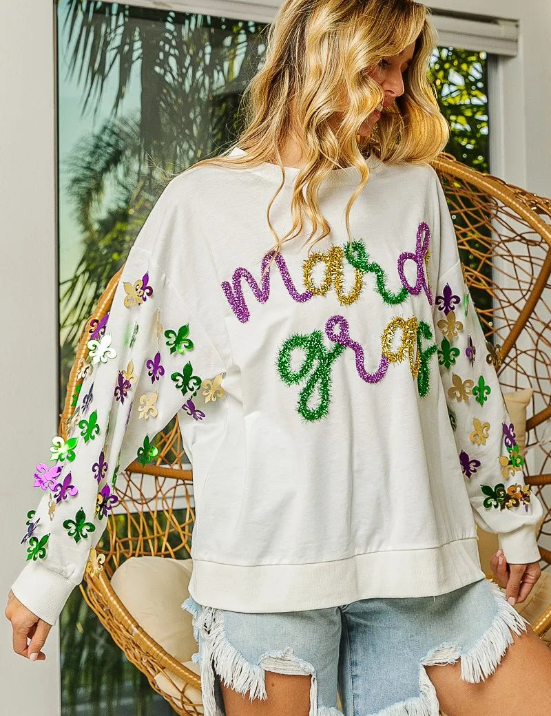 BiBi Fleur De Lis Sleeve Mardi Gras Pullover | Daverri Fashions