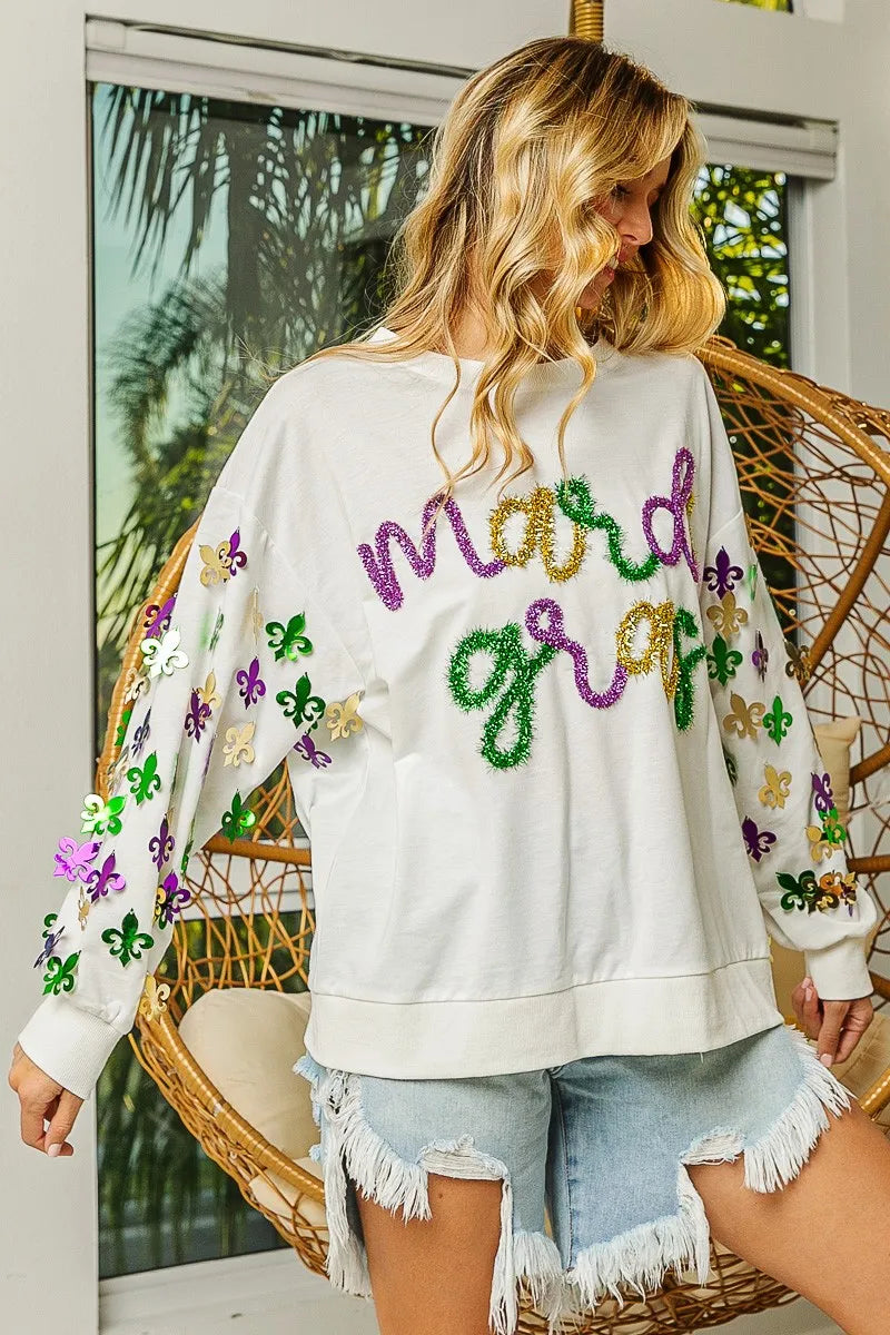 BiBi Fleur De Lis Sleeve Mardi Gras Pullover | Daverri Fashions