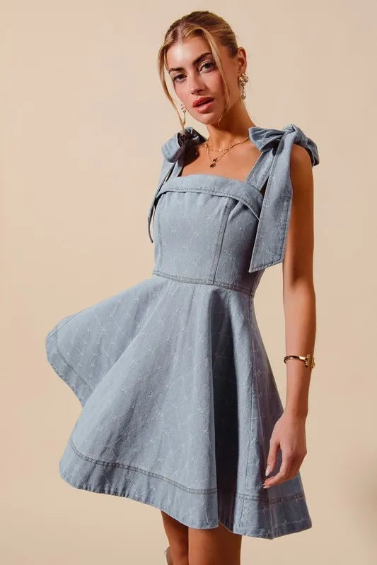 SO ME A Line Fit and Flare Diamond Bow Ribbon Denim Dres Mini Dresses