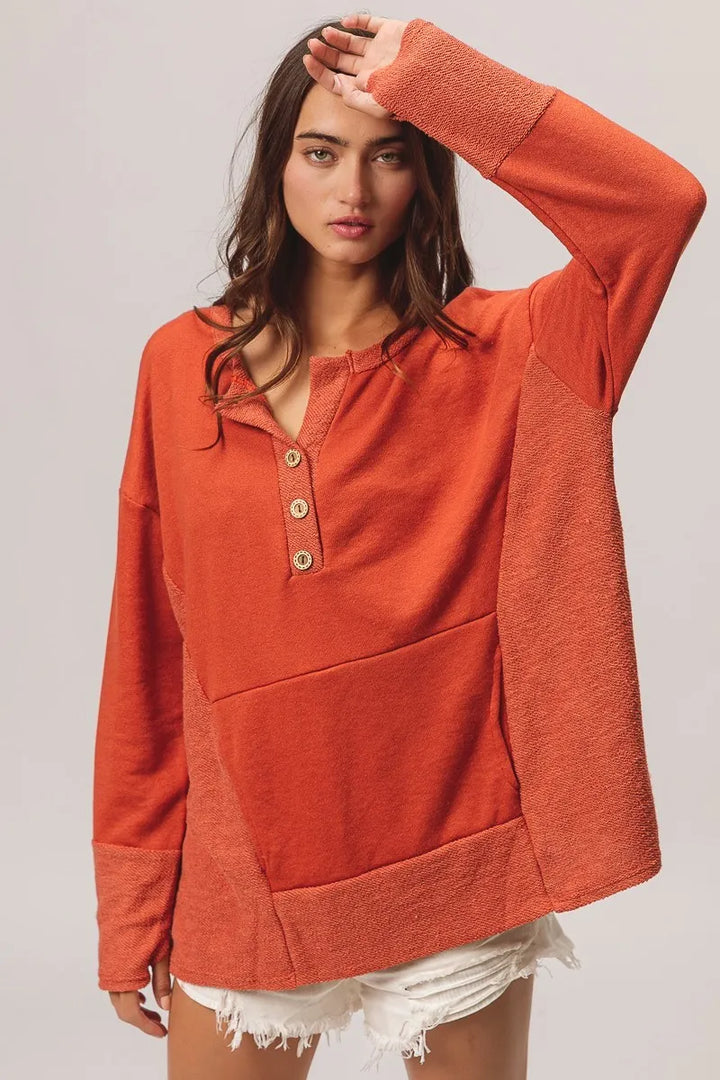 BiBi French Terry Knit Side Block Buttoned Henley Top | Knit Tops Daverri Fashions