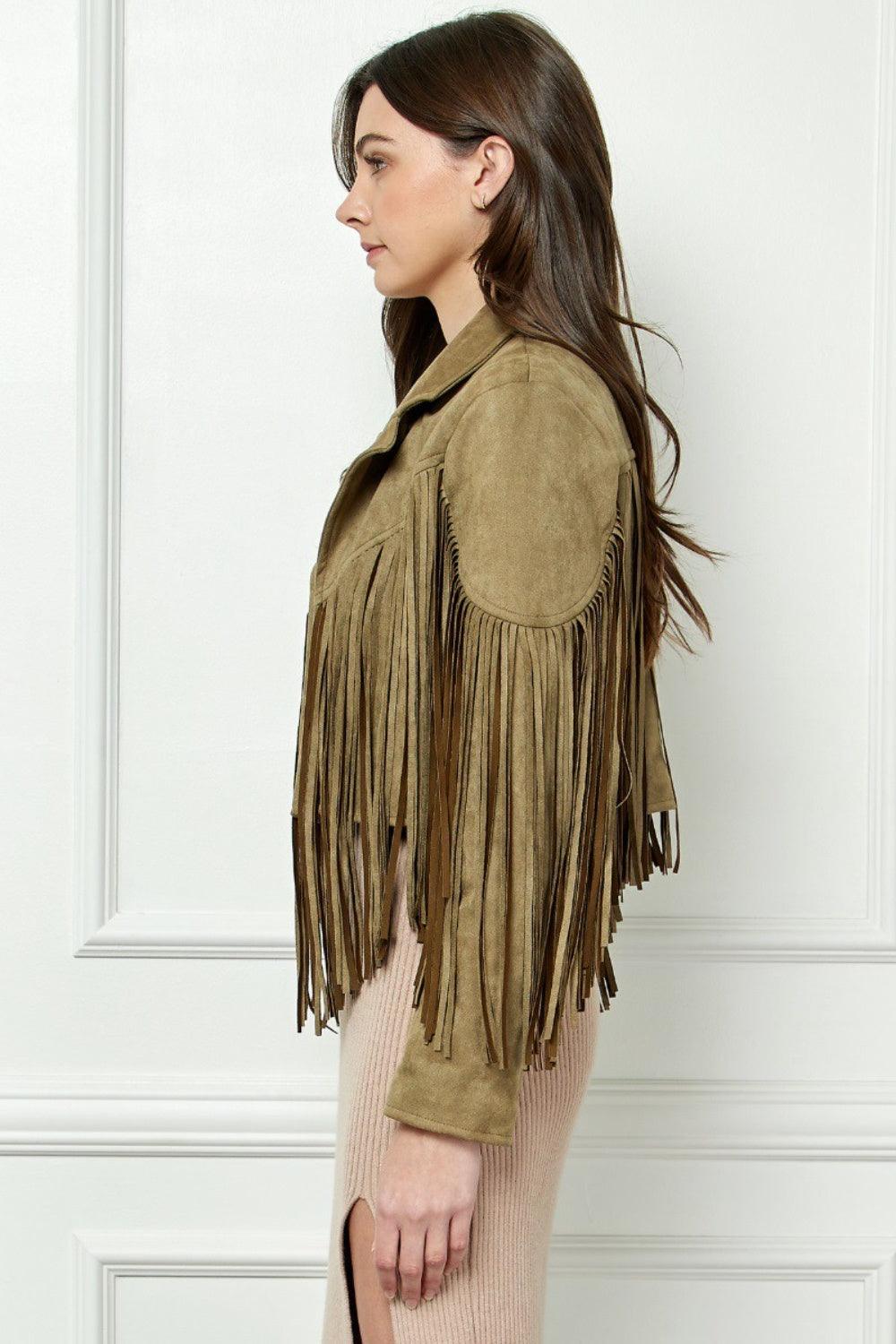 Veveret Suede Fringe Long Sleeve Moto Jacket Coats & Jackets