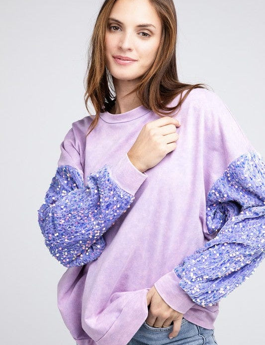 Velvet Sequin Sleeve Mineral Washed Top PERIWINKLE Shirts & Tops