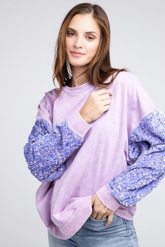 Velvet Sequin Sleeve Mineral Washed Top PERIWINKLE Shirts & Tops