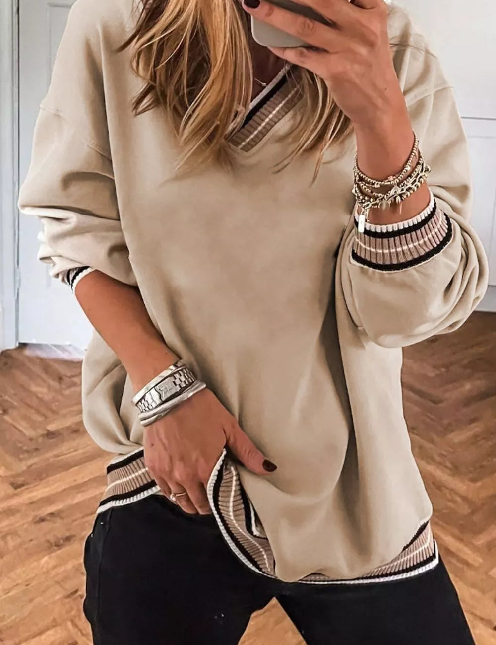 Tan S Casual V-Neck Striped Trim Pullover | Sweatshirts Daverri Fashions