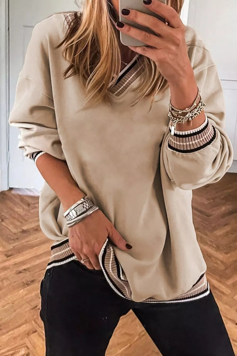 Tan Casual V-Neck Striped Trim Pullover | Sweatshirts Daverri Fashions