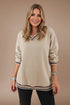 Casual V-Neck Striped Trim Pullover - DAVERRI FASHIONS