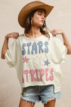 BiBi Mix And Match Stars And Stripes cream oversized short sleeve T-shirt