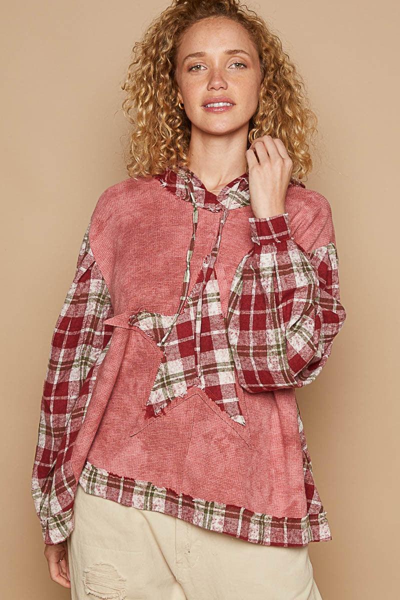 POL Star Patch Plaid Long Sleeve Hooded Top | Tops Daverri Fashions