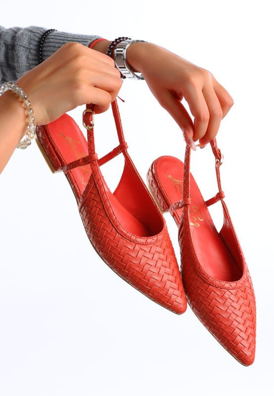 Vibrant coral-red woven leather slingback flats with pointed toe