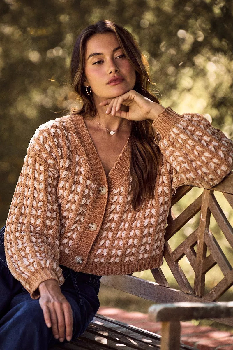 Brown textured V-neck long-sleeve SO ME chenille sweater cardigan