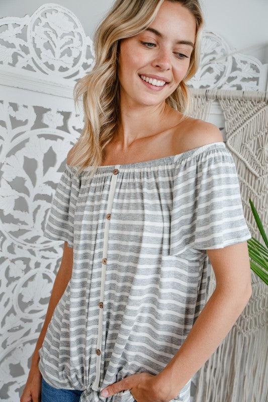 STRIPE OFF SHOULDER BUTTON DOWN TOP H GREY Shirts & Tops