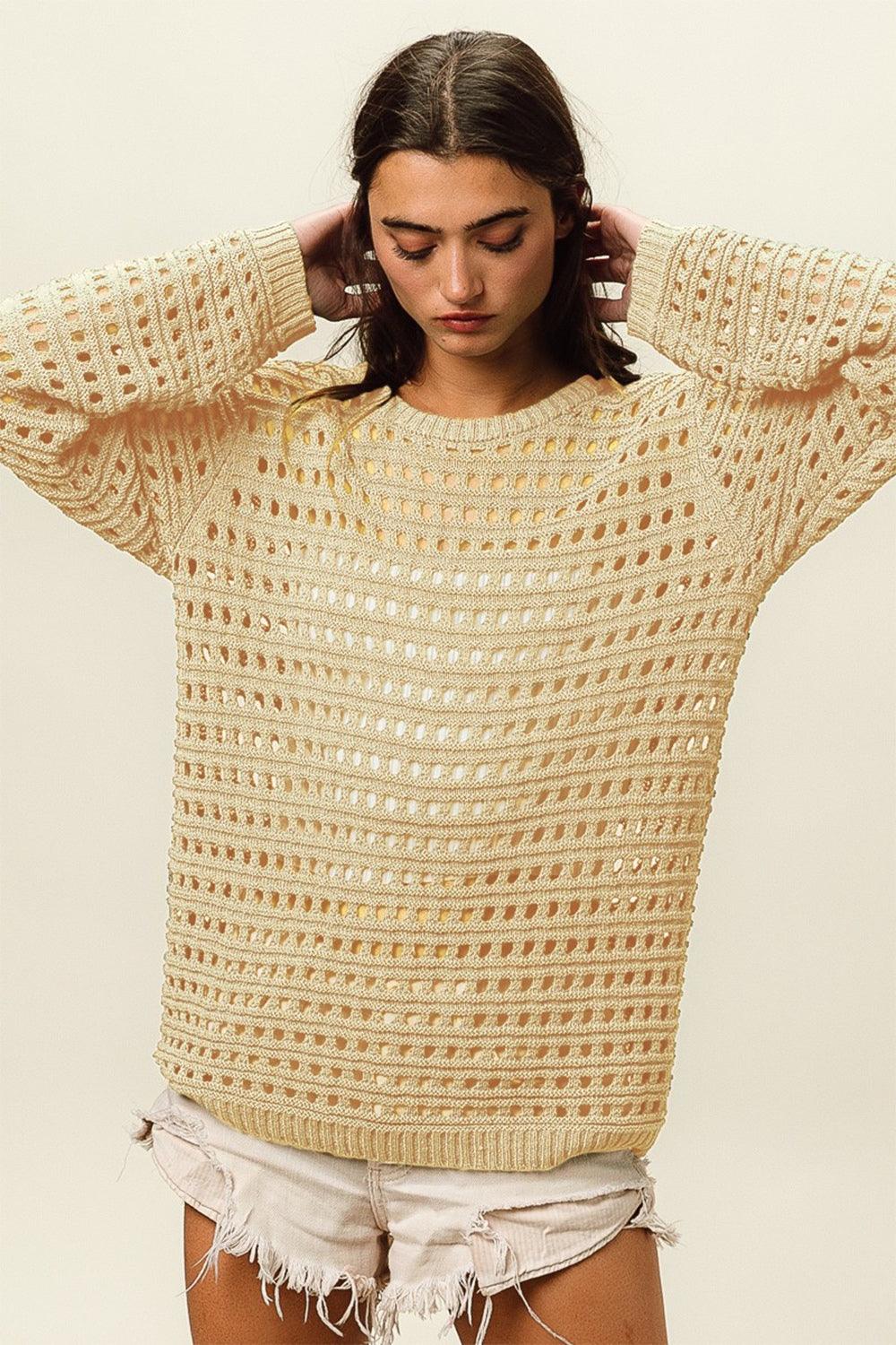 BiBi Round Neck Openwork Knit Cover Up Oatmeal Cover-Ups