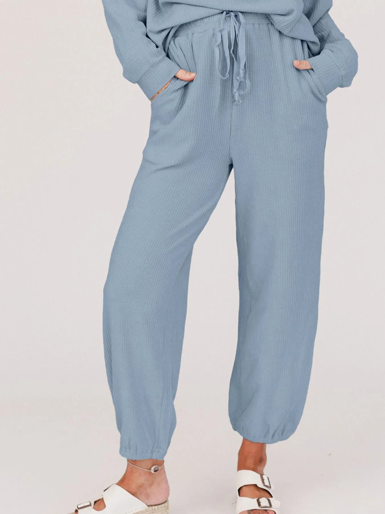 Ribbed Round Neck Sweatshirt and Drawstring Pants Set | Loungewear Sets Daverri Fashions
