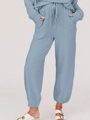 Ribbed Round Neck Sweatshirt and Drawstring Pants Set | Loungewear Sets Daverri Fashions