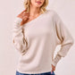 Beige ribbed knit BiBi waffle off-shoulder top with long sleeves