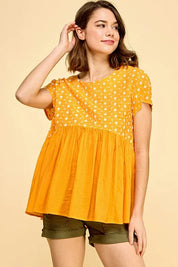 Lime 'N' Chili Embroidered Short Sleeve Pleated Babydoll Top | Tops Daverri Fashions