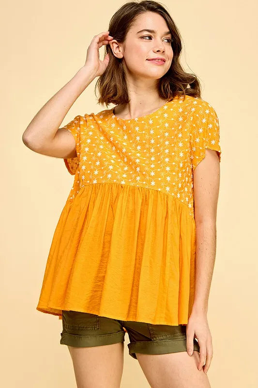 Lime 'N' Chili Embroidered Short Sleeve Pleated Babydoll Top | Tops Daverri Fashions