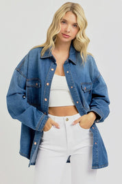 Dark RISEN Full Size Snap Down Long Sleeve Denim Shacket | Shackets Daverri Fashions