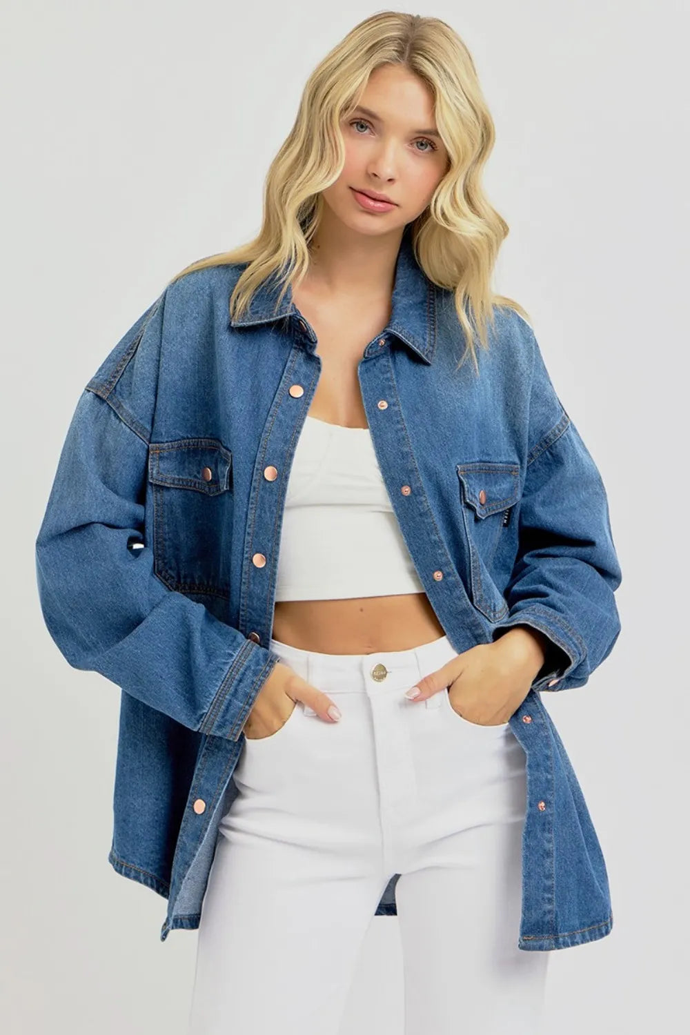 RISEN Full Size Snap Down Long Sleeve Denim Shacket Dark Shackets