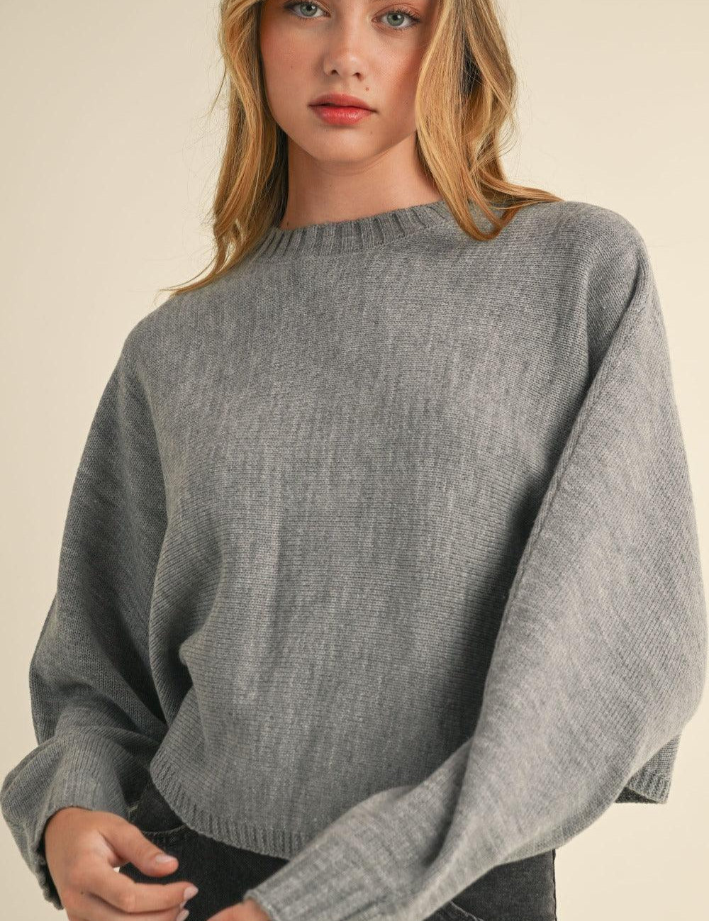 H Grey Mable Round Neck Dolman Sleeve Cropped Sweater | Sweaters Daverri Fashions