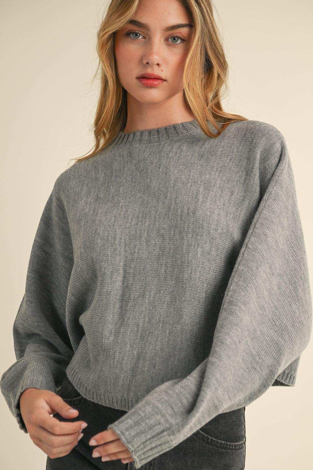 H Grey Mable Round Neck Dolman Sleeve Cropped Sweater | Sweaters Daverri Fashions