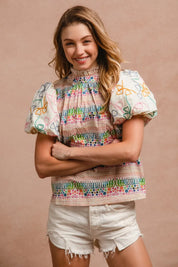 BiBi Ruffle Neckline Blouse With Embroidery Bubble Sleeve | Daverri Fashions