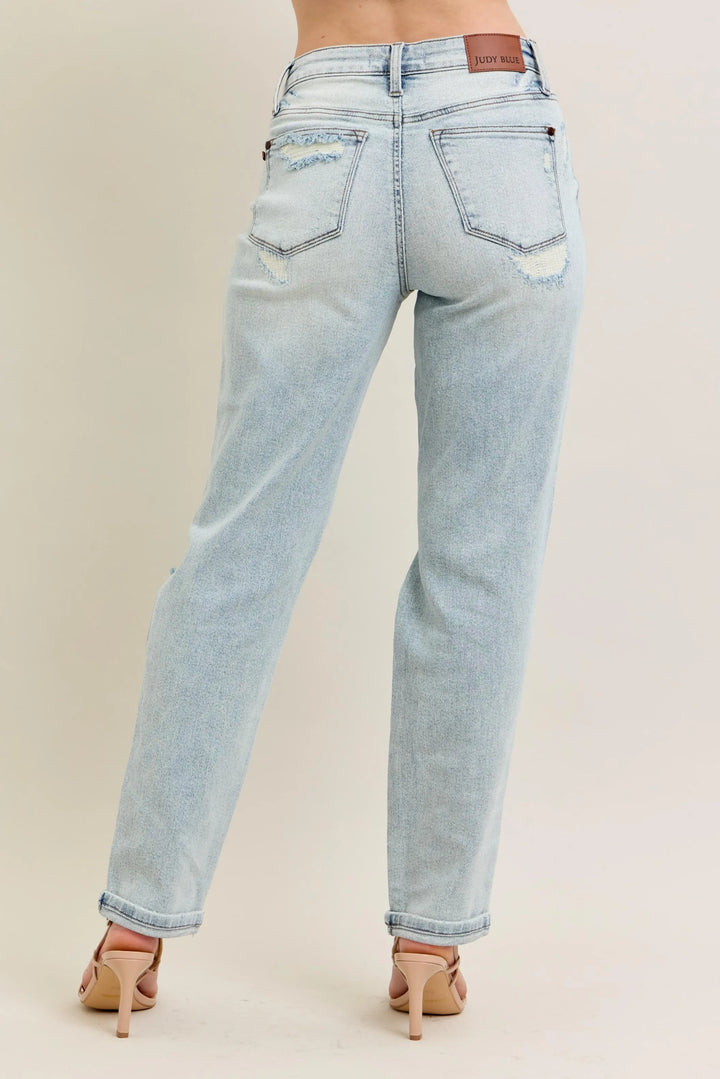 Judy Blue Full Size Mr Repair Stitch Detail Destroy Single Cuff Bf Jeans Plus Size | Jeans Daverri Fashions