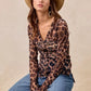 BiBi Leopard Printed Mesh Shirt With Button Up V Neck - DAVERRI FASHIONS