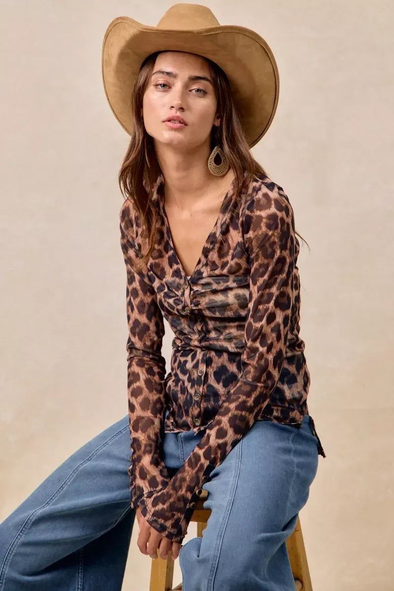 BiBi Leopard Printed Mesh Shirt With Button Up V Neck - DAVERRI FASHIONS