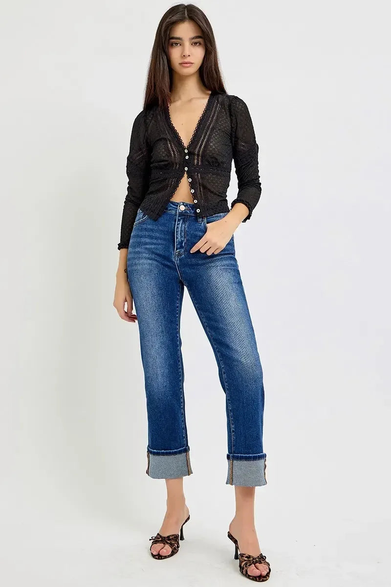 RISEN High Rise Ankle Straight Cuffed Jeans - DAVERRI FASHIONS