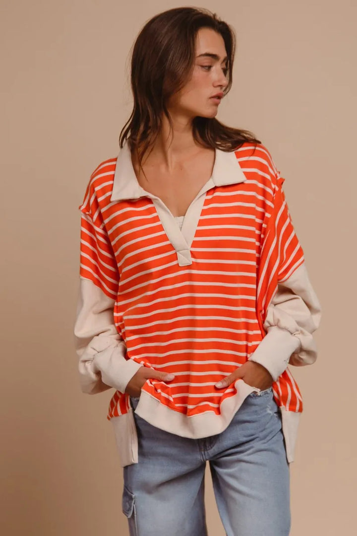 BiBi Stripe Knit Loose Fit Top With Cut Edge Detail Tops