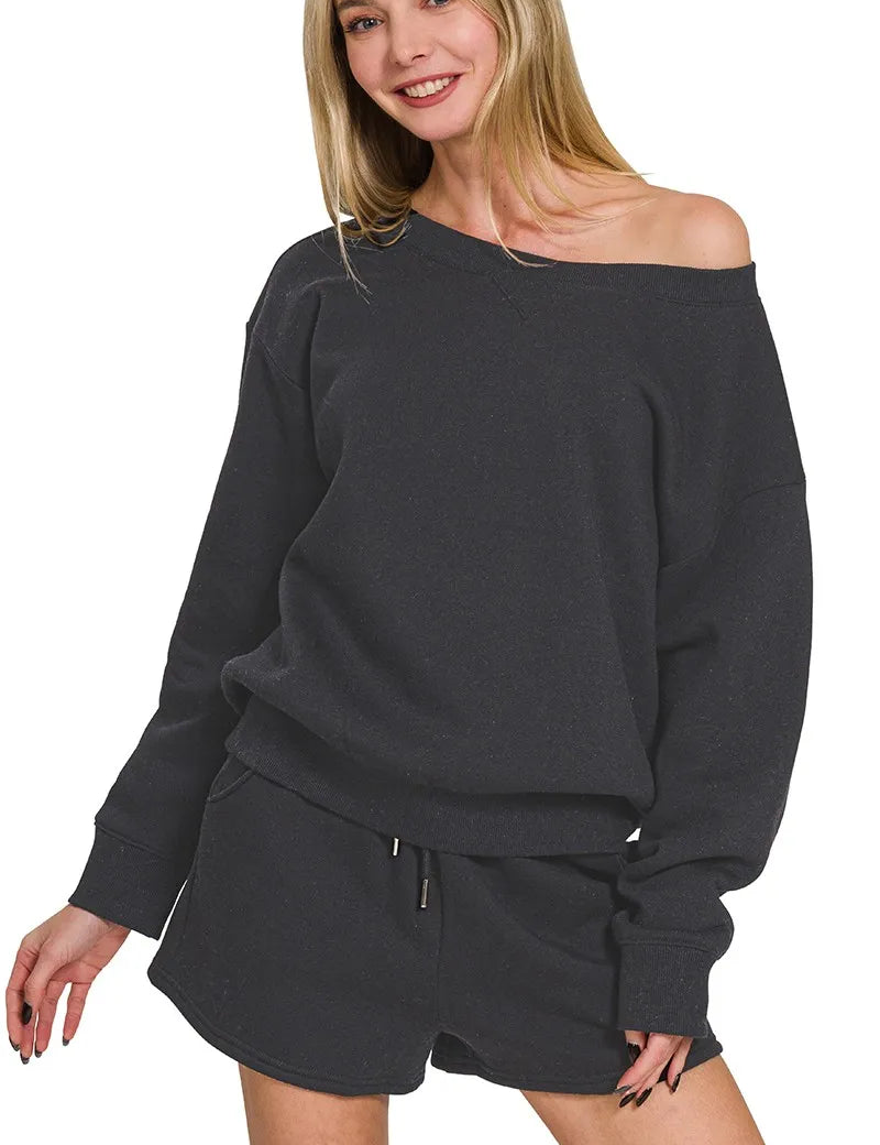 BLACK Zenana Fleece Boat Neck Sweatshirts & Shorts 2pcs Set | Loungewear Sets Daverri Fashions