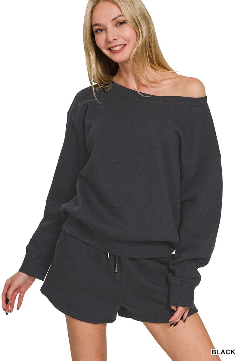 Zenana Fleece Boat Neck Sweatshirts & Shorts 2pcs Set BLACK Outfit Sets