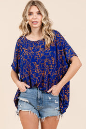 Mittoshop Abstract Print Round Neck Short Sleeve Top Dark Blue