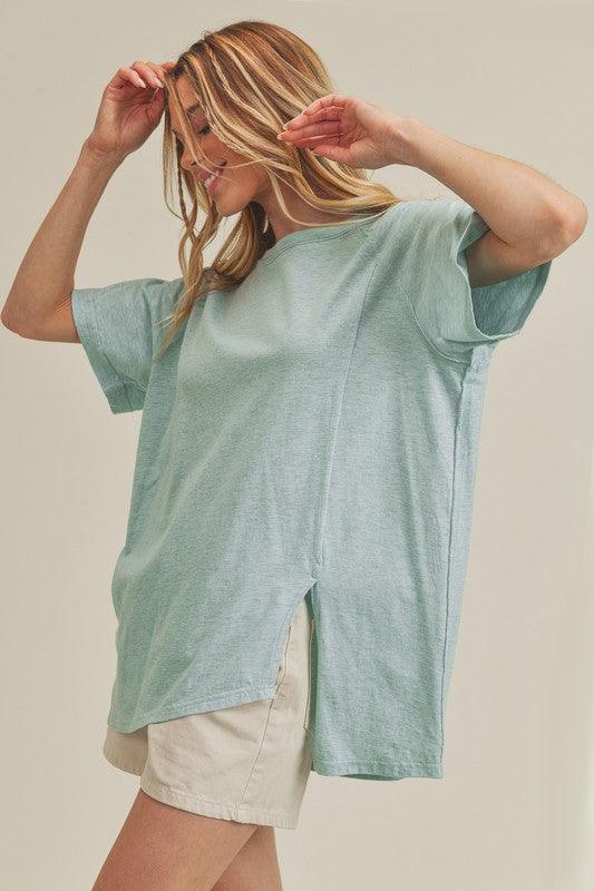 Aemi + Co Asymmetrical Front Slit Round Neck Raglan Sleeve T-Shirt T-Shirts