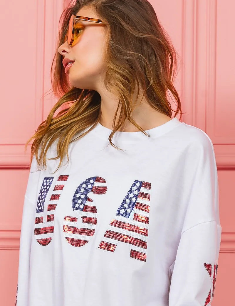 BiBi American Flag USA and Star Sequin Sweatshirt | Sweatshirts Daverri Fashions