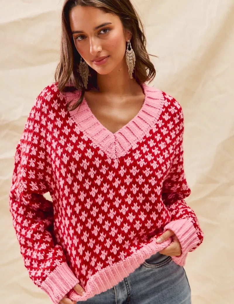RED PINK SO ME Color Block Textured Christmas Sweater V Neck Top | Sweaters Daverri Fashions