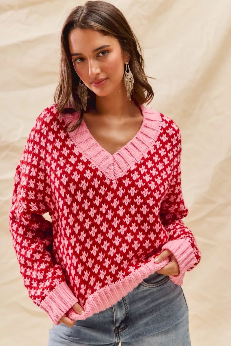 RED PINK SO ME Color Block Textured Christmas Sweater V Neck Top | Sweaters Daverri Fashions
