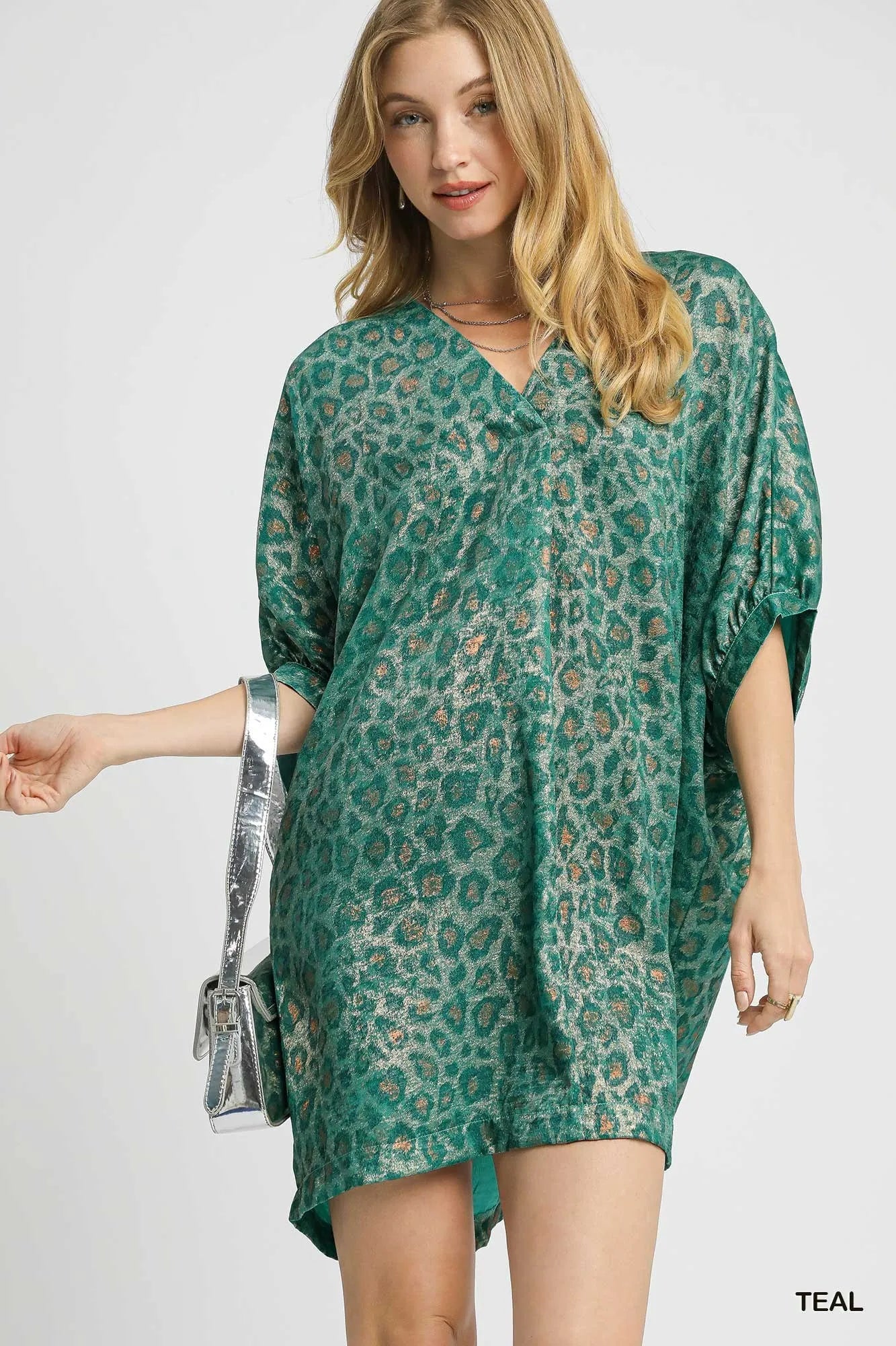 Umgee Metallic Leopard Print V-Neck Kimono Dress TEAL