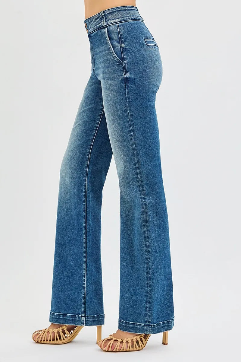 RISEN Full SIze Tummy Control High Rise Bootcut Jeans with Double Button Waistband Plus SIze | Daverri Fashions