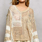 Beige and white POL Color-Blocked crochet V-neck sweater with striped sleeves
