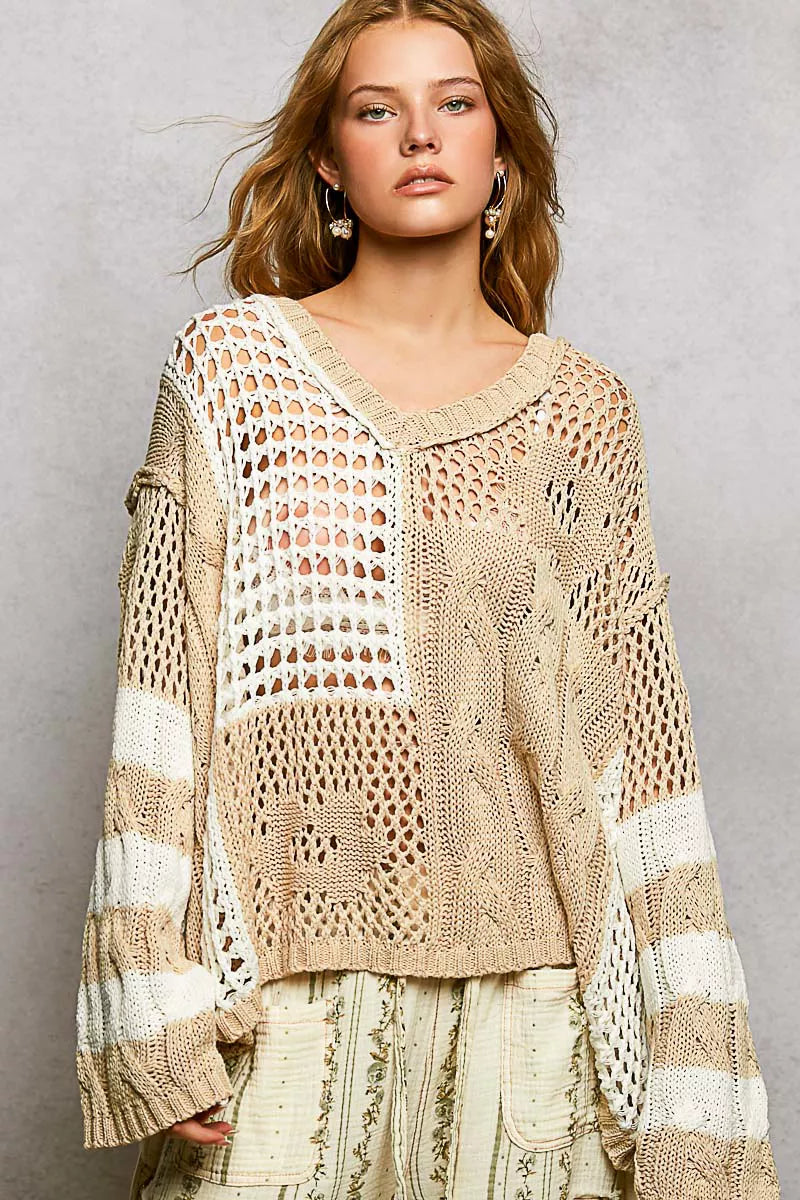 Beige and white POL Color-Blocked crochet V-neck sweater with striped sleeves