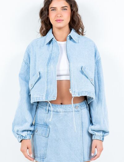 American Bazi Drawstring Waist Crop Denim Jacket LT Blue