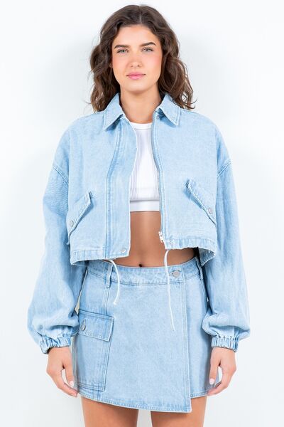 American Bazi Drawstring Waist Crop Denim Jacket LT Blue