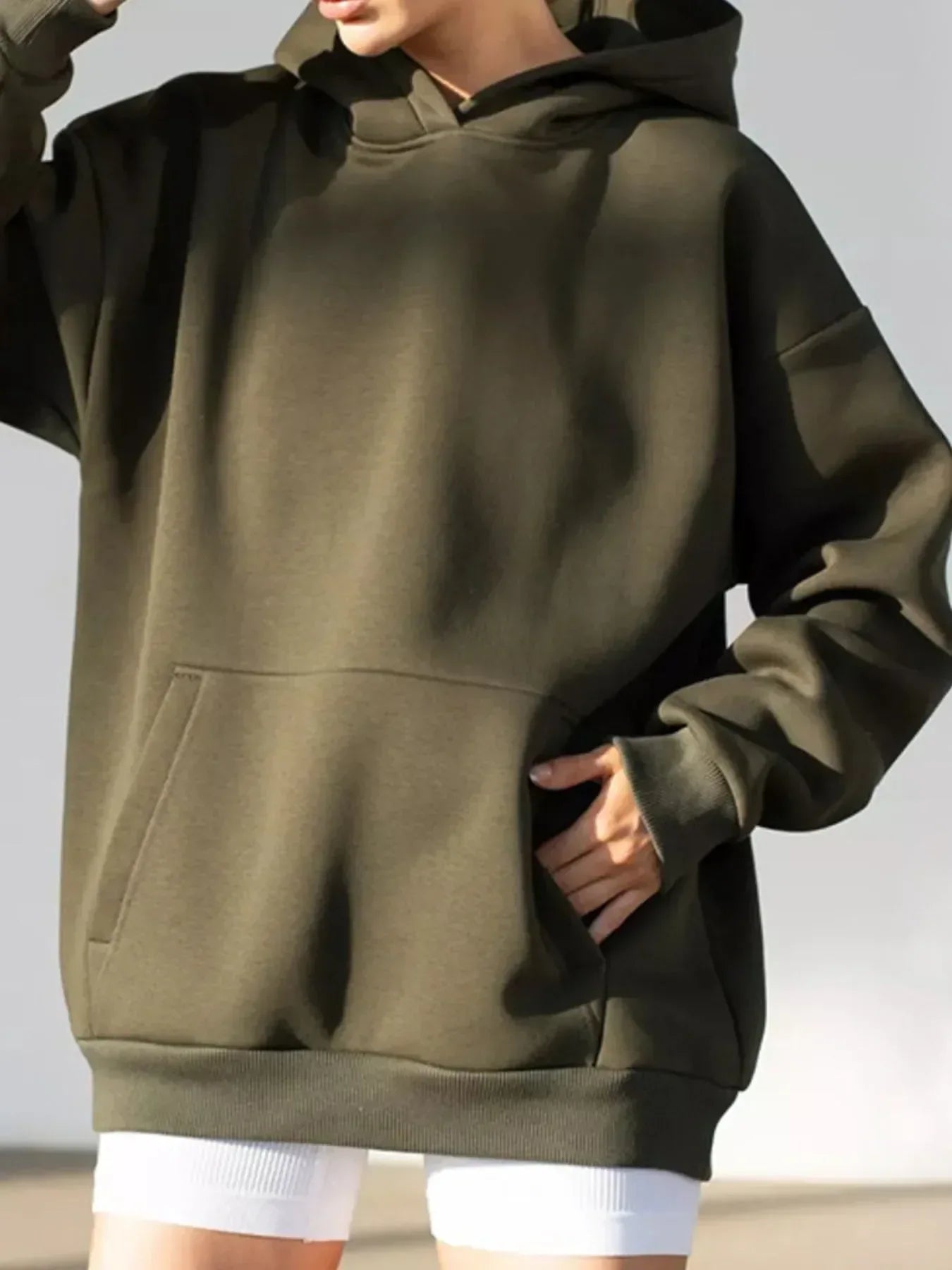 Kangaroo Pocket Long Sleeve Hoodie - DAVERRI FASHIONS