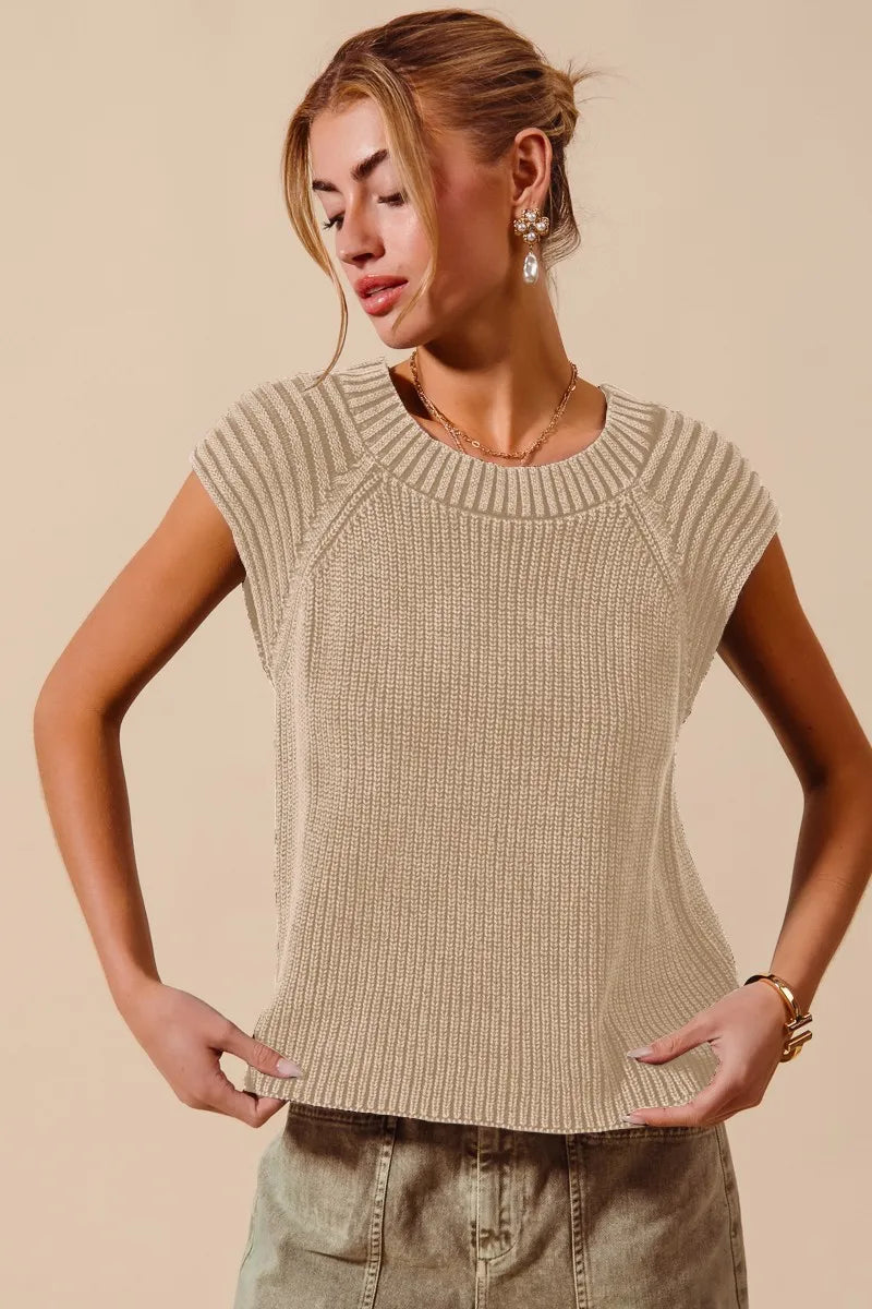 SO ME beige ribbed knit raglan sleeveless sweater top
